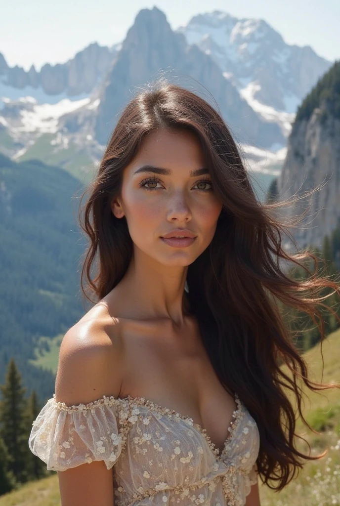 best quality, full body, Model, Ultra detailed, Photo of a young woman, slim fit dress, vacation on the mountains, 18 years old, sunlight, Perfect Body, Perfect rare face, very detailed skin, black colored hair, Mock, Skin texture, Sharp focus on rare face, Perfect brown eyes, Photorealistic, Film grain, Looking at the camera, Smile