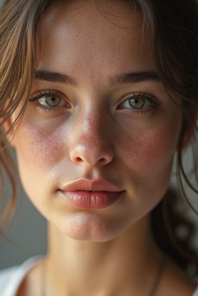 Young adult white women with freckles, dark brown hair, hazel eyes with makeup