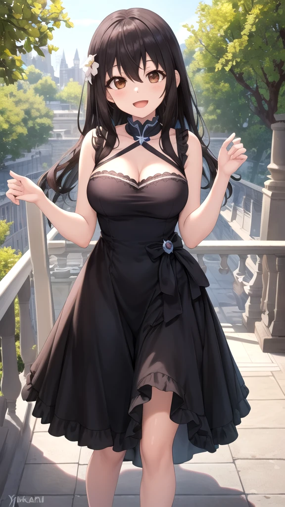 1girl, natural lighting, masterpiece, highly detailed, illustration, game CG, absurdres, high quality, aichan, large breasts, beautiful detailed eyes, medium hair, twintails, bangs, glossy lips, lips parted, blush, garden, standing, gothic ta dress, collarbone, cleavage, jewelry, choker, necklace, bracelets, armband, annoyed, hands on hips, thigh highs