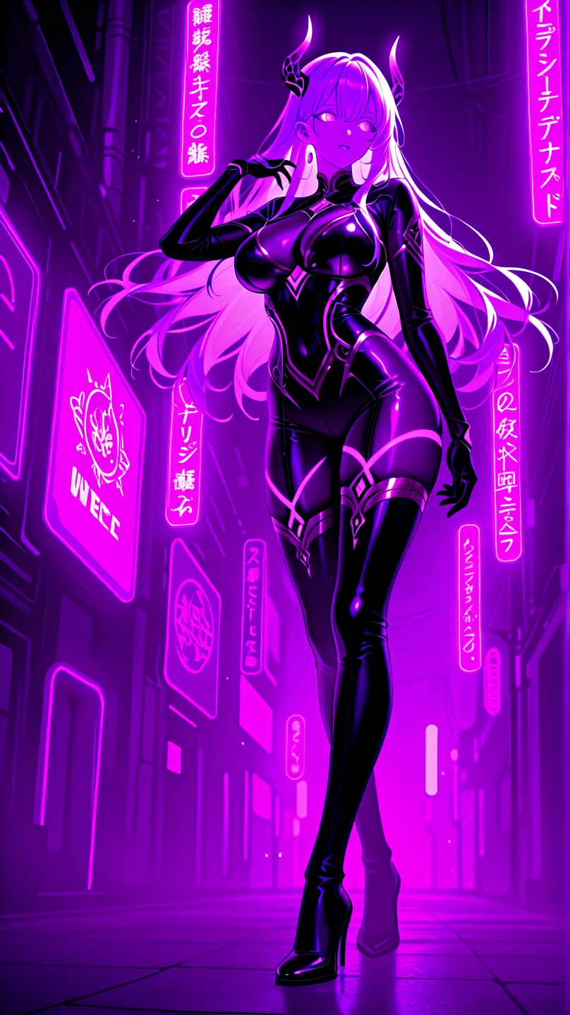 Beautiful, women, Cara pink, yellow eyes, by white, Skinny body, pose sexy, pink stockings, mecha, neon sign, led night city, seen from above, high quality, realist, beautiful light, full detail, fondo negro long purple hair holding a stripper pole