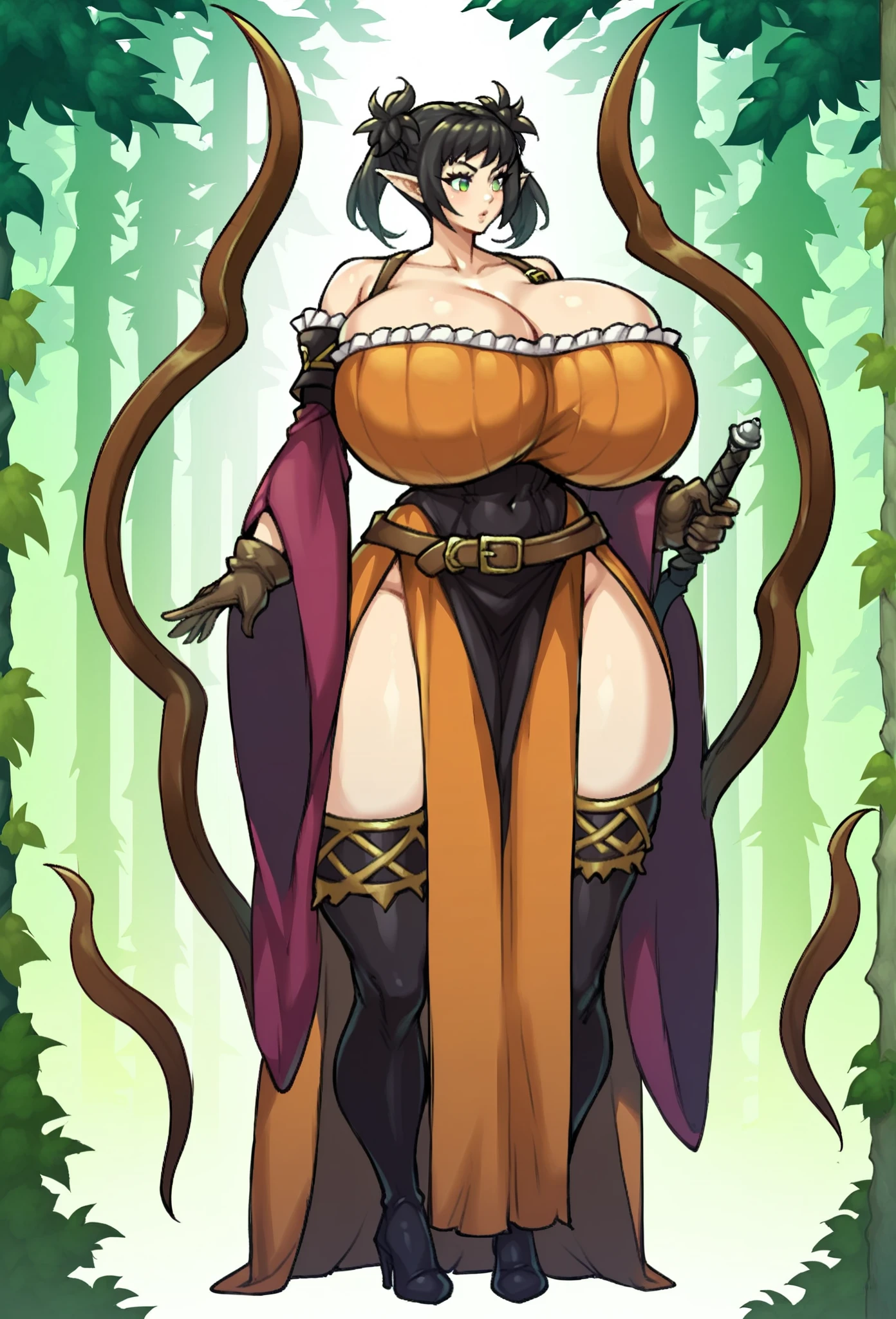 Gothic, huge chest, tall woman, curved, f, long hair, Christian, alone, Catholic, Latin cross,, forest town, plants, walking, smiling, smile, ,fur clothes, wizard, medieval, village,tights, portrait, long skirt, long dress, flip-flops, muscle girl, huge breast