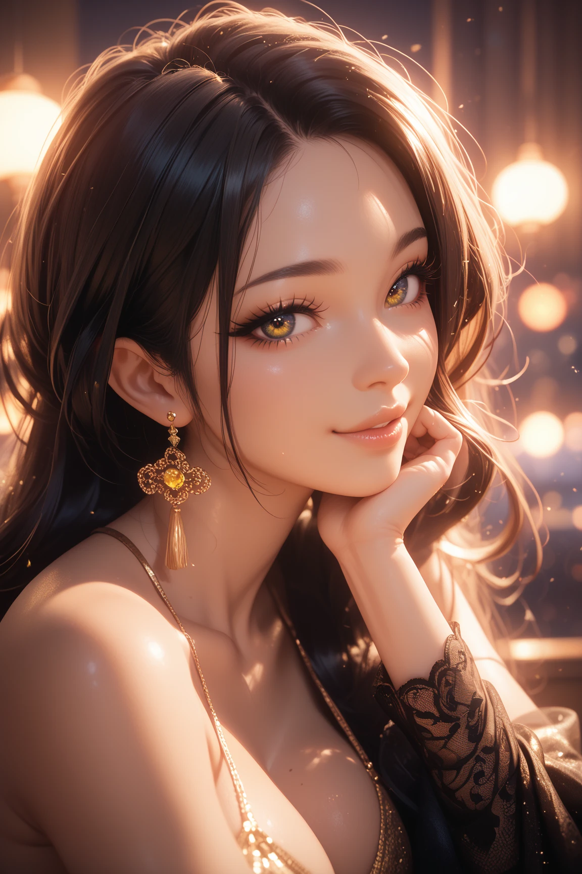 ((Biologically correct number of limbs))、(( Photo including face))、4K、masterpiece、((focus on the face))、((Symmetrical facial features))、Eyes of minute description、Beautiful woman、outstanding style、beautiful clavicle、beautiful legs、(small ass、thin thighs)、(black stockings、high heels)、Detailed depiction of faces、small earrings、necklace、Low - Angle、(yellow dress)、The background is walking on the hill at sunset、upper body close-up、realistic pictures、