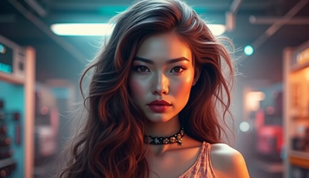ultra detailed and realistic photograph of a beautiful woman wearing a modern outfit with a skirt and high heels, long hair up, bold colored hair, piercings in each ear, fashionable pose with arched eyebrows, beautiful symmetrical and detailed brown eyes, beautiful detailed face, cozy atmosphere, exquisite detail, facing the camera, looking at the camera, high sharpness, facial symmetry, ultra detailed , ultra high