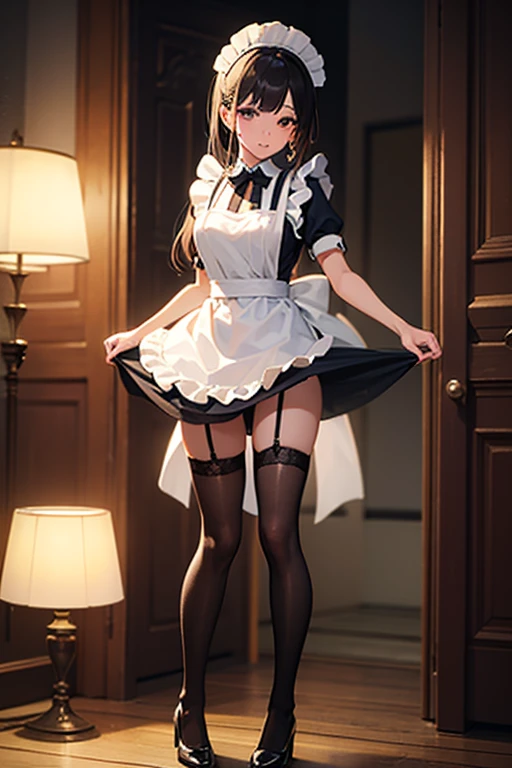(masterpiece:1.2, highest quality), (realistic, photorealistic:1.4), beautiful illustrations、Bow tie staring at the audience,Front view, (((Maid clothes))) 30 years old、perfect face, Cute symmetrical face, shiny skin,
random hairstyle、Big eyes, droopy eyes, long eyelashes、beautiful thighs、Tall and beautiful hair, beautiful face, fine and beautiful eyes, beautiful clavicle, beautiful body, beautiful breasts, beautiful thighs, beautiful feet, beautiful fingers,
((fine fabric texture)),
(beautiful scenery),(business office background), Are standing, (smile), (((skirt lift, Panties and pantyhose are visible)))