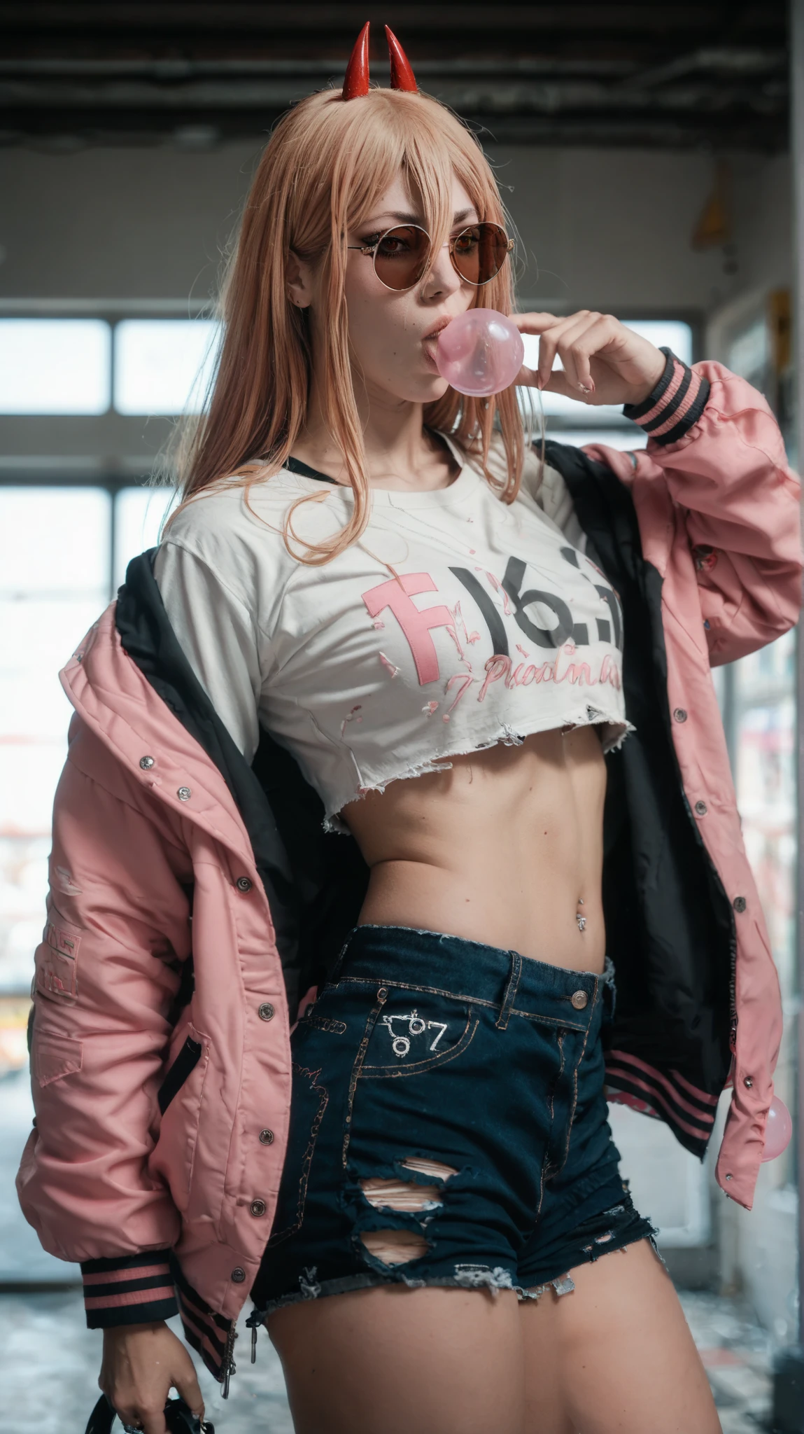 A hyper-realistic portrayal of Power from Chainsaw Man, styled in urban street fashion. She wears a pink and gray varsity jacket with a black star emblem, a black-and-white striped crop top, and ripped black denim shorts, mirroring the reference outfit. Her pose is identical to the image, tilting her head slightly back while blowing a large, pink bubble gum bubble. Her long, untamed blonde-red hair flows messily, with sharp devil horns emerging from her hairline, enhancing her rebellious aura. She wears dark, round sunglasses, adding to her bold, carefree attitude. The background is minimalist white with grunge-style ink splatters and pastel pink accents, complementing the edgy, modern aesthetic. The image is ultra-detailed and highly realistic, with refined textures, dynamic lighting, and fashion-forward composition. --v 6 --ar 16:9 --style raw --q 2 --s 750