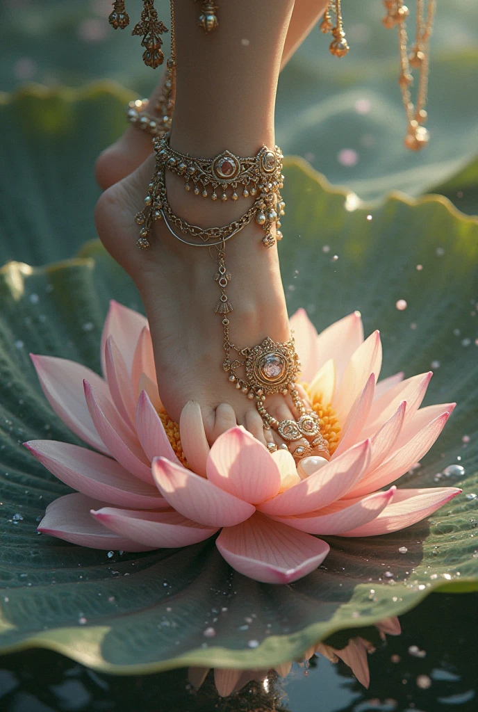 Extremely beautiful lotus feet of Shree Nityananda Prabhu, snow white fair skin, reddish finger tops, diamond rings, golden and silver anklets, holy basal leaves, flowers, grass background, standing on a marble white stage, detailes, realistic, beautiful