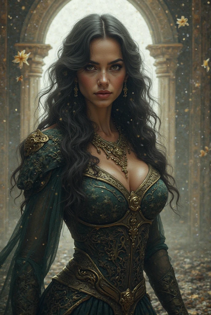 UHD 8k, HDR+, Medusa Gorgon is a beautiful girl with a necklace, large piercing eyes, huge earrings, giant earrings, hair made up of countless small snakes, full luscious lips, eyelashes, gold earrings with emeralds in her ears, jewelry, gold bracelets, tight-fitting dark green gothic dress, black high heels, high heels, slender legs, Against the background of the Gloomy ruins of a Greek temple, detailed background, realistic, 1girl, solo girl, 20 year old girl, ultra realistic face, hyperrealistic, hyperdetailed, (looking at viewers), sharpen, detailed face, detailed eyes, detailed lips, red lips, beautiful face, 16k, FHD, raw photo, cute face mesh, pretty face mesh, portrait shot 8 k