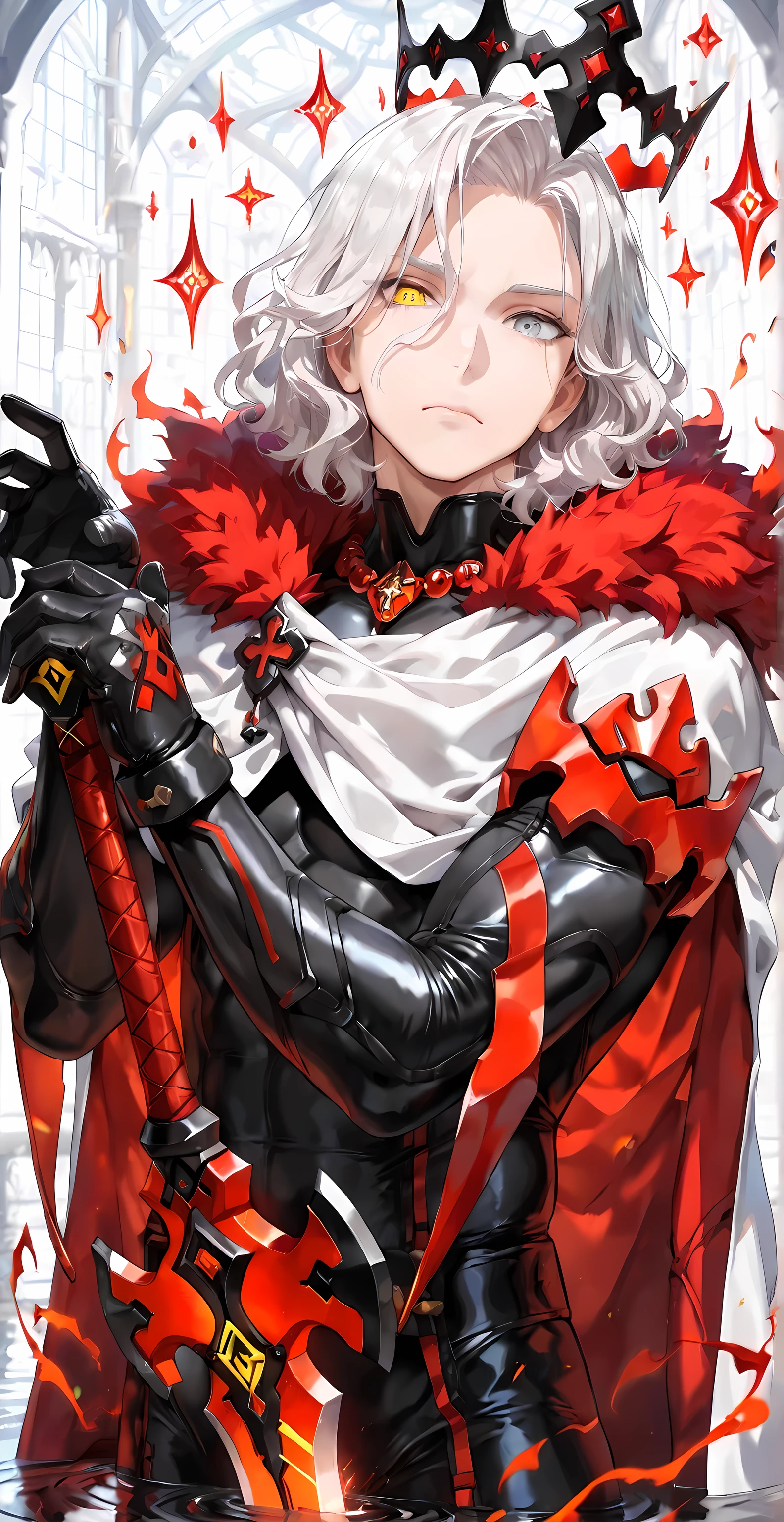 ((Highest quality)), ((masterpiece, detailed, official, High resolution)), ((Perfect Face, detailed eyes, Beautiful Eyes,)), ((masterpiece, best quality, 1adult, male focus, masculine, looking at viewer, solo, closed mouth, muscle, red aura, sword pose, crimson sword, red sparks, ripples under sword)) (short length hair, white hair, wavy hair, yellow eye, silver eye, heterochromia eyes, calm expression, perfect eyes, male face, perfect face, floating crown, black crown, gold crown, white cloak, fur collar, black body suit, red necklace,) ((detailed background))