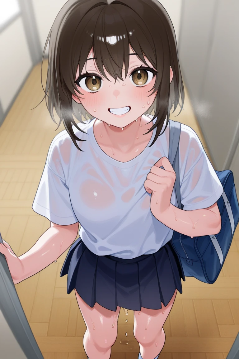 ((Small Breasts)),Highest quality、Very delicate and beautiful、((Very short bangs))、((Bangs))、Light shiny brown hair、The hair is light、((Short Bob))、Cute face、Young face、Cute like an idol、Yellow Eyes、Are thin、Slim figure、Short、(Child body type)、((Lots of sweat))、Embarrassed face、Open Mouth、Troubled face、Red face、(School classroom)、Photographed from the front、
