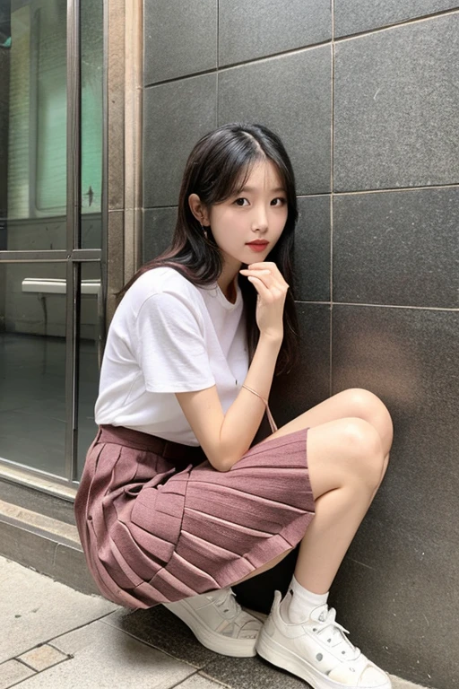 Move the center of gravity back,Feet forward with your hands outstretched,put both feet in the hand circle,very embarrassed,pink panty,Thin leg,leotard skirt,knees at 90 degrees,heels on the ground,hands in front of your feet,Hold your legs,pedestrian walkway,8K,HighestQuali, 超高分辨率,Beautiful face details,Real human skin,Gentle expression,up front view,From the angle below,long whitr hair,realisticlying,nakeness,adolable,short skirt,Squatting deep in the city,cute female student,Wearing a Japanese school uniform,Surreal high school girl,full bodyesbian