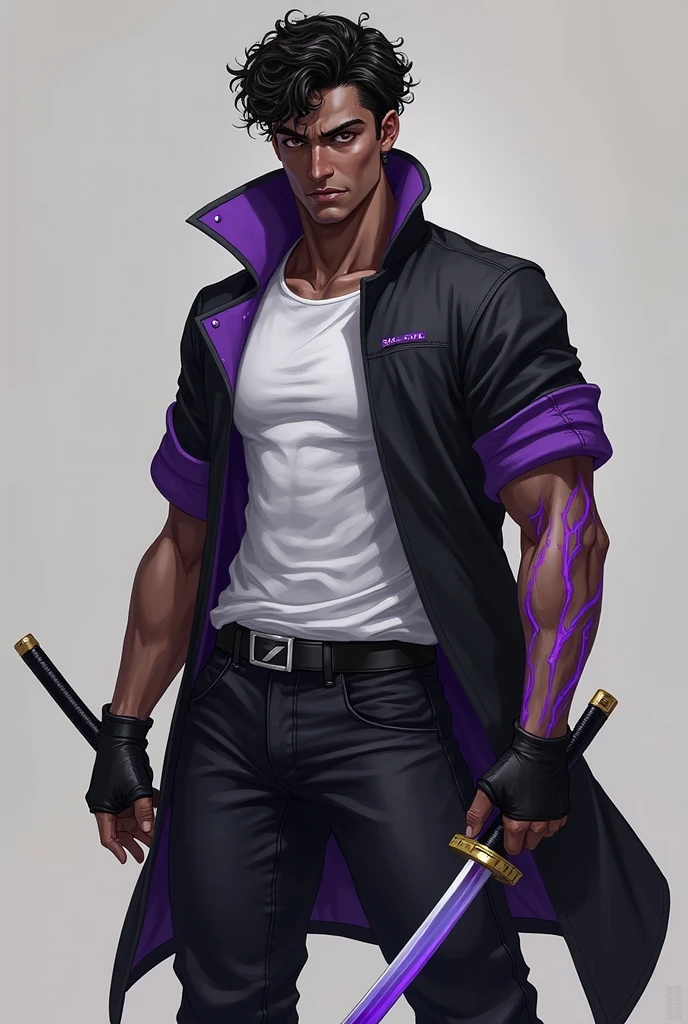 HEZI, Fighting soul character design, bright colors, European and American game style, 1boy, male focus, solo, jacket, gloves, purple jacket, open jacket, belt, pants, black gloves, facial hair, white background, open clothes, simple background, abs, necklace, blonde hair, standing, fur trim, star \(symbol\), pectorals, fire, chain, muscular, white pants, no shirt, jewelry, chest tattoo, blue eyes, weapon, scar, fiery hair, tattoo, holding, clenched hand, cropped jacket, muscular male, long sleeves, boots, collared jacket, shoes, smile, fingerless gloves, fur-trimmed jacket, beard, clenched hands, spiked hair, teeth, black footwear, full body, mask, navel, black hair, mustache, looking at viewer, multicolored hair, brown footwear, blue jacket, sunglasses, bare pectorals, glowing, closed mouth, goatee, buckle, holding weapon, knife, flame, grin, tinted eyewear, piercing, spikes, mature male, alternate costume, collarbone, white hair, facial mark, belt buckle, open mouth <lora:çåç³»åââæéè§è²è®¾è®¡:0.75>