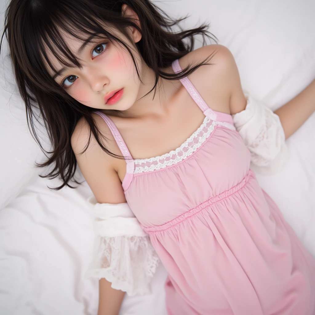 Small breasts、Small breasts、Dress neatly、Perfect Makeup、Elementary school girl、Small breasts、very happy、Bedroom、Lying in bed