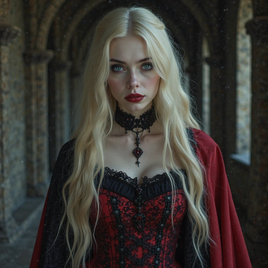 very attractive 25 year old girl with long platinum blonde hair, woman vampire de 25 anos, full face tattoo {tribal red colored}, big , wearing black cleric cloak and black cleric tunic with a sensual cleavage, holding a staff in his hand, no meio de um castelo, luz focada no rosto, postura dominadora, stand up, full body shot