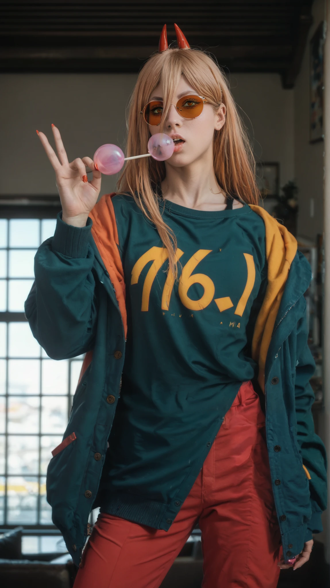 A hyper-realistic depiction of Power from Chainsaw Man, dressed in a vibrant yellow oversized jacket, a neon green sweater, and red pants, perfectly matching the reference outfit. Her hair is styled in two small, messy buns, with her sharp devil horns peeking out, maintaining her signature chaotic look. She wears white, retro-style cat-eye sunglasses, exuding a playful yet rebellious attitude. Power is captured in a dynamic pose, holding a bright pink lollipop in one hand while blowing a large pink bubble gum bubble. Her expression is mischievous and full of energy. The background is a solid, bold yellow, enhancing the vibrant, high-fashion street style aesthetic. The image is ultra-detailed and photorealistic, with perfect lighting, fabric textures, and a high-end editorial photography feel. --v 6 --ar 16:9 --style raw --q 2 --s 750