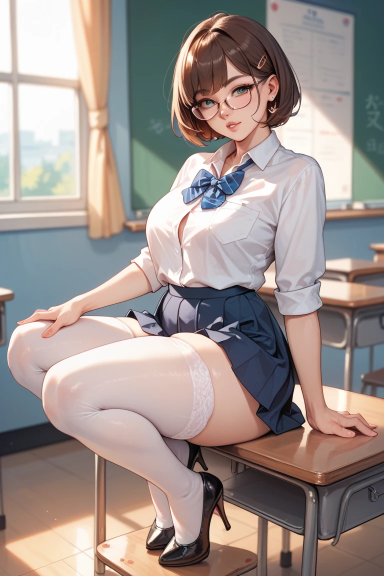 (((masterpiece, Highest quality, High resolution, 超High resolution, Perfect Pixel, Depth of written boundary, 4K, RTTX 10.0))), Beautiful Anime Woman, Beautiful art style, Anime characters, ((Smooth texture, Realistic texture, Anime CG Style)), Exact finger count、Exact number of legs、(Exact number of arms:1.0, Exact number of hands:1.0), (Perfect hands, Perfect Anatomy), Cinematic, Realistic, Extremely detailed CG, Daytime lighting, Perfect lighting, Best Shadow, The best natural light, whole body, Perfect body, Slender body, ((bangs, Dark reddish brown hair, Stylish and cute half-up hairstyle), Glasses), (Detailed face, Cute Face), (A grown woman standing with her own hand lifting up her skirt:1.7), (suit, Stylish beige jacket, Fashionable white shirt, Tight Skirt, Knee socks, pumps:1.3)、Angle from the front, ((セクシーなWhite panties:1.3), (Glossy satin panties, Side-tie panties, Lace panties:1.3), (White panties, garter belt:1.3)), (Beautiful big boobs), (The chest area of the shirt is tight:1.2), (Beautiful and thin thighs:1.3), Feeling embarrassed, (blush:1.2), (Very embarrassed look:1.5), (School classroom, Desk and chair, Teaching Excellence, Many male students in the background, The male students are chatting.:1.4)