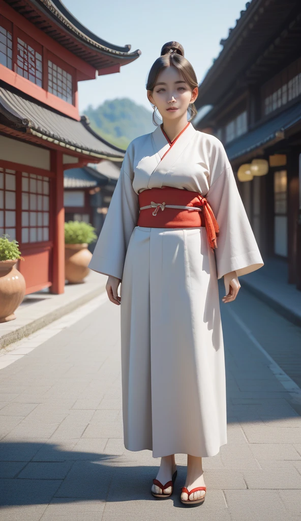 Little Child Priestess、Manga style Ghibli style、full bodyesbian、Wearing a white kimono for the upper body、The lower part of the body wears orange hakama over the kimono、She wears white tabi boots and sandals on her feet.、Simple hairstyle、Overhead margins、No background、Standing facing the front、Raising his right hand、5 fingers