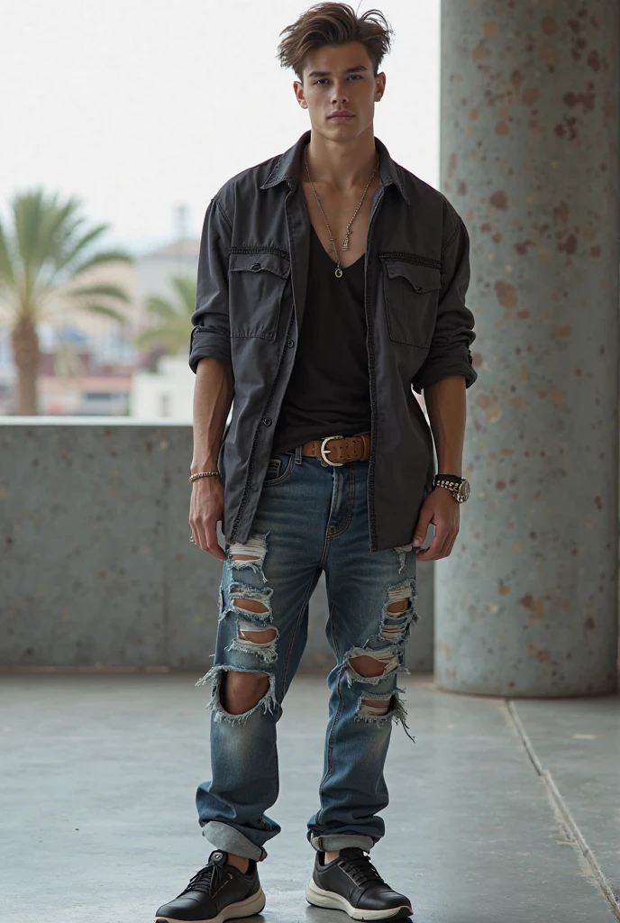 A man age 19 wears ripped pants and white kets shoes on his feet and stands by the railroad tracks wearing a white shirt with unbuttoned shirt and sunglasses on his eyes.