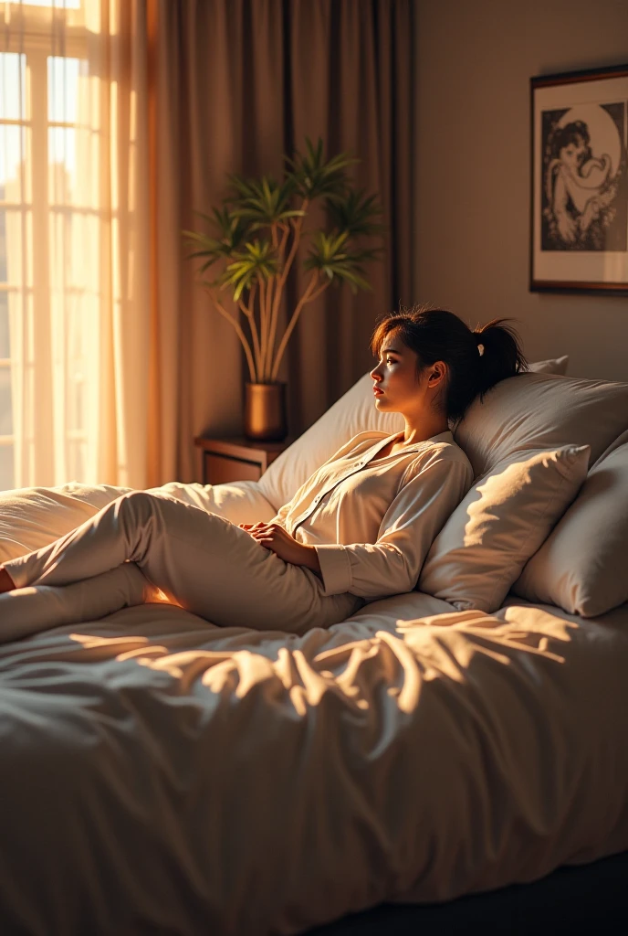 A detailed rendering of a girl in a cozy bedroom, headphones on, as she drifts off into a peaceful slumber while listening to her favorite tunes.