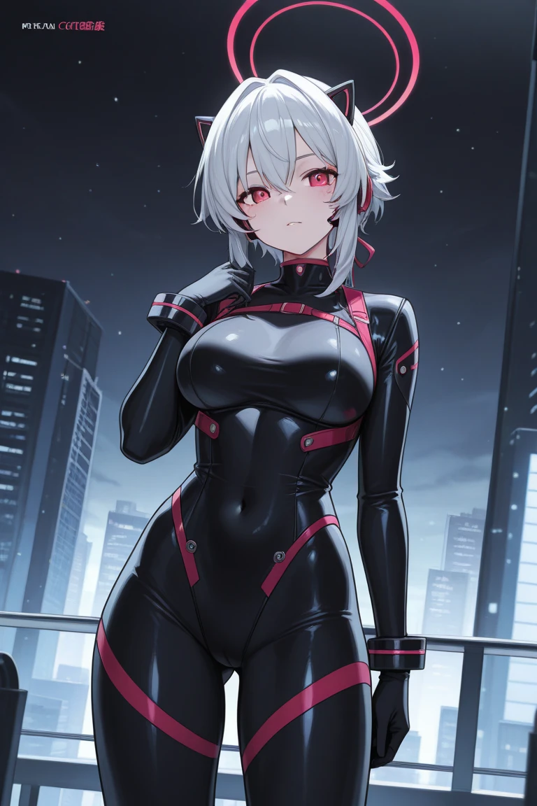 NSFW,(Highest quality, Professional, Surreal), Girl in black bodysuit with red energy lines, Silver Hair, ponytail, Red eyes, Erection under clothes, Surreal lighting, Vibrant colors, Detailed facial features, Simple Background