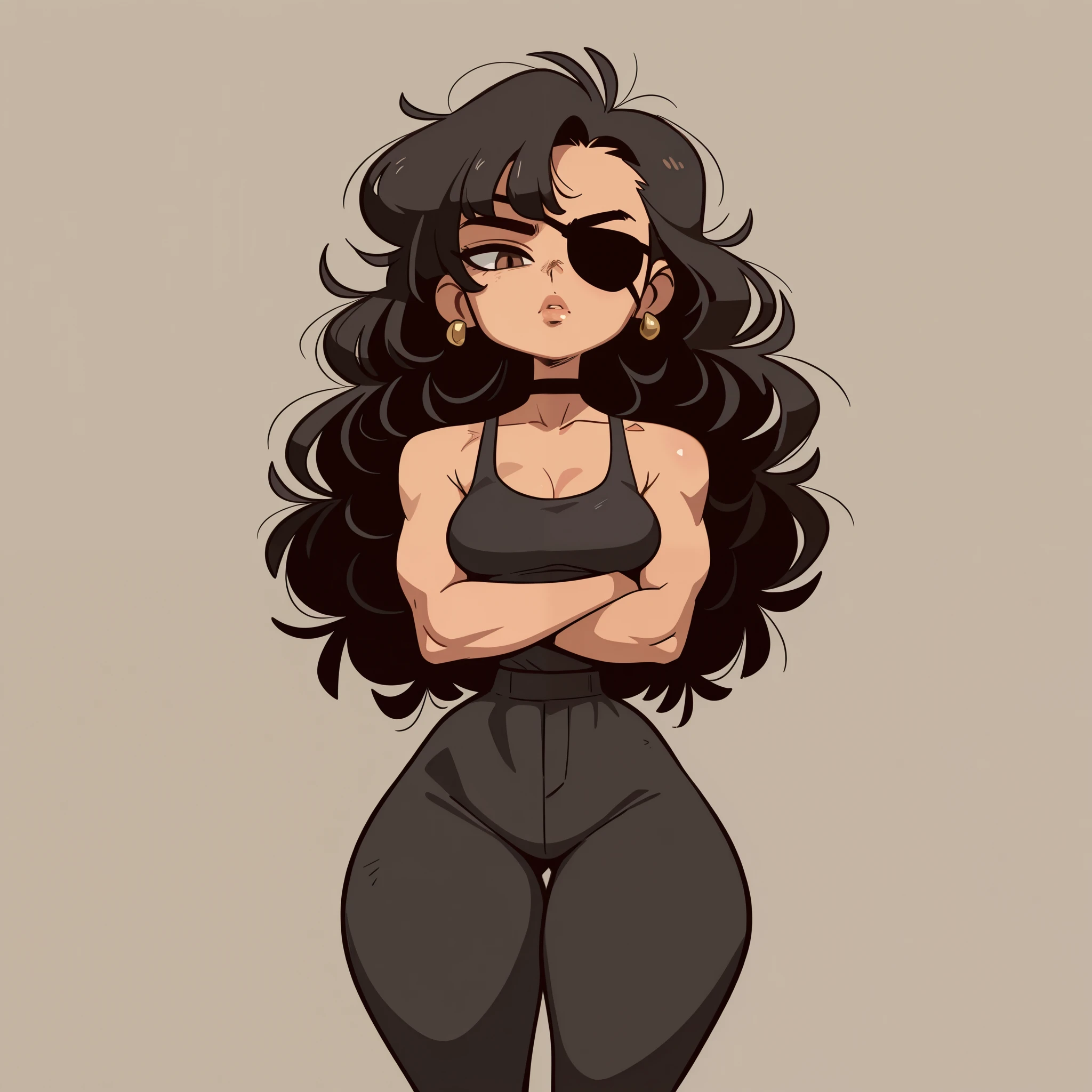 1woman, mature female, solo, very long messy curly black hair, brown eyes, eyepatch, full lips, medium breasts, narrow waist, wide hips, thick thighs, muscular body, slim, black tank top, black pants, choker, earrings, serious crossed arms, standing, looking at viewer, simple background, from the front view, high resolution, diives