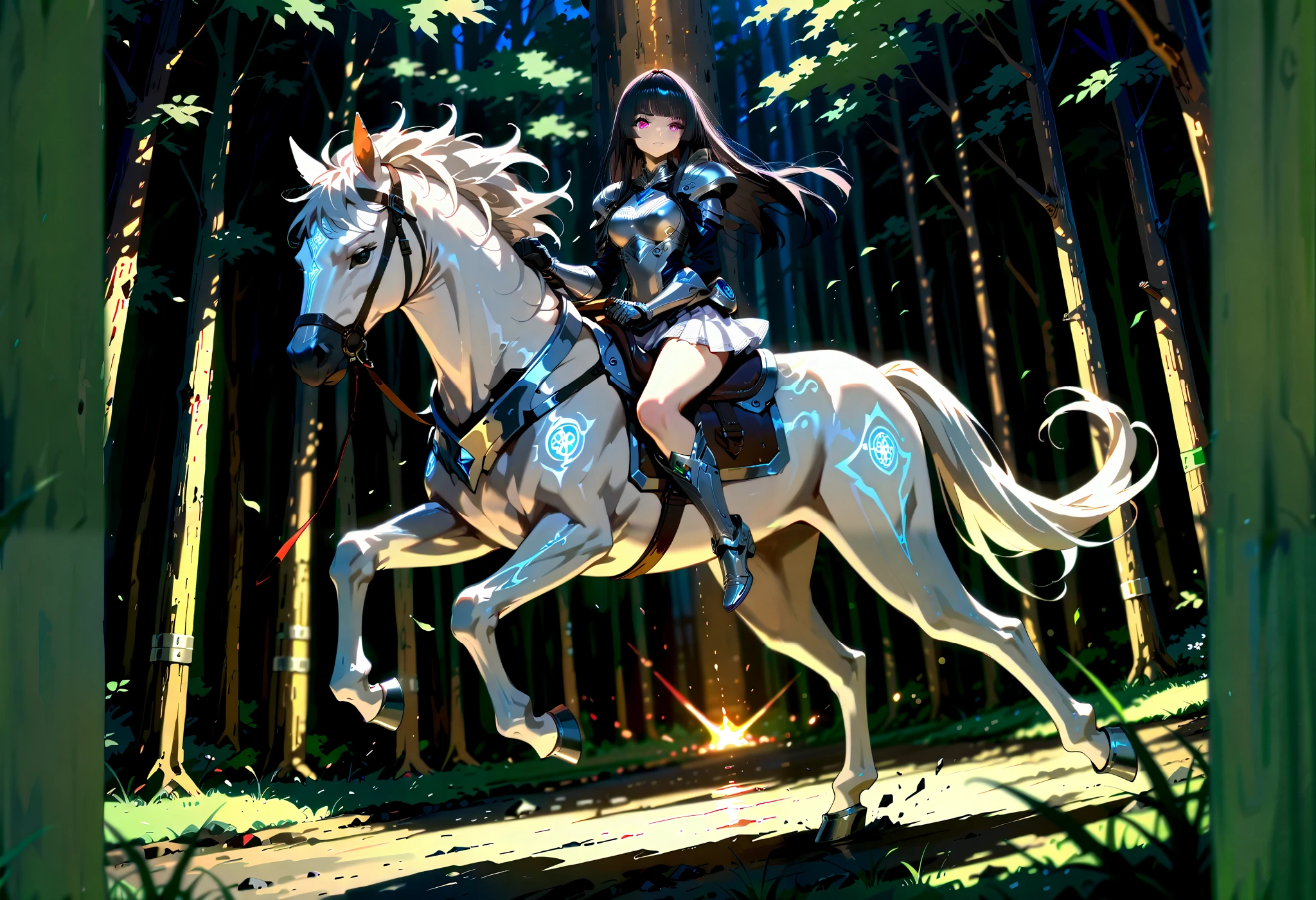  (masterpiece:1.3), (8K, best quality:1.3),, Highest image quality, intricate details, high resolution, depth field, Natural light, professional lighting, motion blur background, BREAK, kisyu, riding, horse, both hand holding rein, (a female knight riding a horse intense horseback riding chase in the forest, ((( kjosakuya, pink eyes, hime cut, long hair, {black hair}, medium breast, head turn around, grit teeth]), (silver armor, silver shoulder pads, white miniskirt, gauntlet, gloves, bare legs, silver greaves)), ([white horse:1.2, white mane, long mane, black eyes, white tail, saddle, reins, bridle, stirrups, running), BREAK (forest), BREAK solo, FULL BODY, anatomically correct