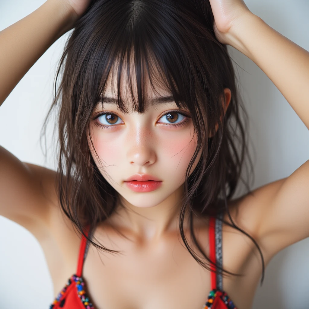 Best quality, face focus, soft light, super high resolution, (Realism: 1.4), raw photo, one Japanese girl, one person, cute, (pupils, light in eyes), beautiful face details, (small box), (high resolution details of human skin texture), (long hair), (portrait),((Colorful Bikinis:1.3)), Swimwear,Upper Body,