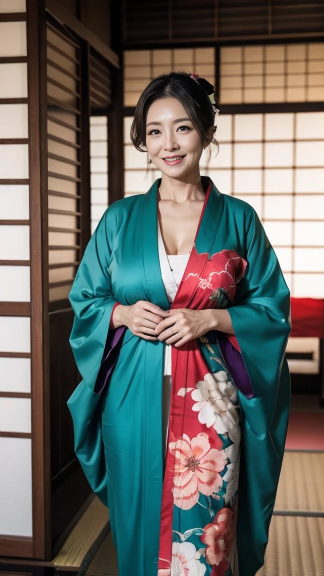 Mature attractive sexy woman,50 years old, ((kimono)),((green))、(((kimono))),Shut,((Big Breasts:1.1)),(Facial wrinkles:1.3),light makeup,Light brown hair,Long Hair,(Full body photo:0.85),(Emphasize big buttocks),8k, RAW Photos, Highest quality, Laughter,masterpiece,Highest quality、A kind smile、A captivating gaze、Random Hairstyles、Japanese-style room、Shoji Screen、lanthanum、
