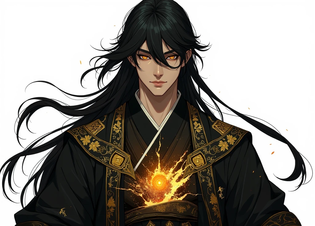 Masterpiece, best quality, (Chinese ink painting), (illustration), (1 man), mature man, (a Chinese dragon), Chinese style, (ancient chinese male), (russ mills style), cloak, (long long hair), (messy hair), (white skin), (golden eye), handsome, (black clothing), gorgeous ornament, tang dynasty, dark grey, hiroshi yoshida, (close-up), (chiaroscuro),fine facial details,cinematic lighting, (depth of field),UHD, (upper body)