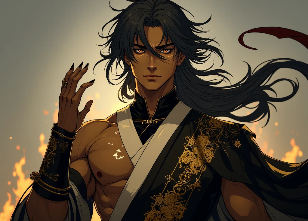 best quality (katana: 1.4), serious,(at night: 1.4), a single 18-year-old has long black hair that is loose to the winds, and poured down his body, smooth and shiny, which fall gently to his back. Her hair is thick and has a healthy appearance, contrasting with her fair skin. The young man's eyes are deep and emerald green, intense as two light pearls. They reflect calm and an inquisitive curiosity. With his upright posture, the young man shows a confident bearing and a cheerful and hyperactive aura. He wears a white kimono with blue-green details with patterned gray clouds, with a large yellow ribbon at his waist, sleeveless, made of a quality fabric. giving him the look of a swordsman. It has a golden lion tamarin on its shoulder. At his waist, he carries a white katana with gray details on the blade. The long, sharp blade is made of polished steel, reflecting light. The katana grip is wrapped in black leather, offering a firm and secure grip. The scabbard of the sword adorned with demonic symbols. Kimetsu no Yaiba style, alone, 1boy, muscular man, demon slayer style, loose hair, quiet look, smiling, tall, confident, only 1, spilled hair, loose and big hair