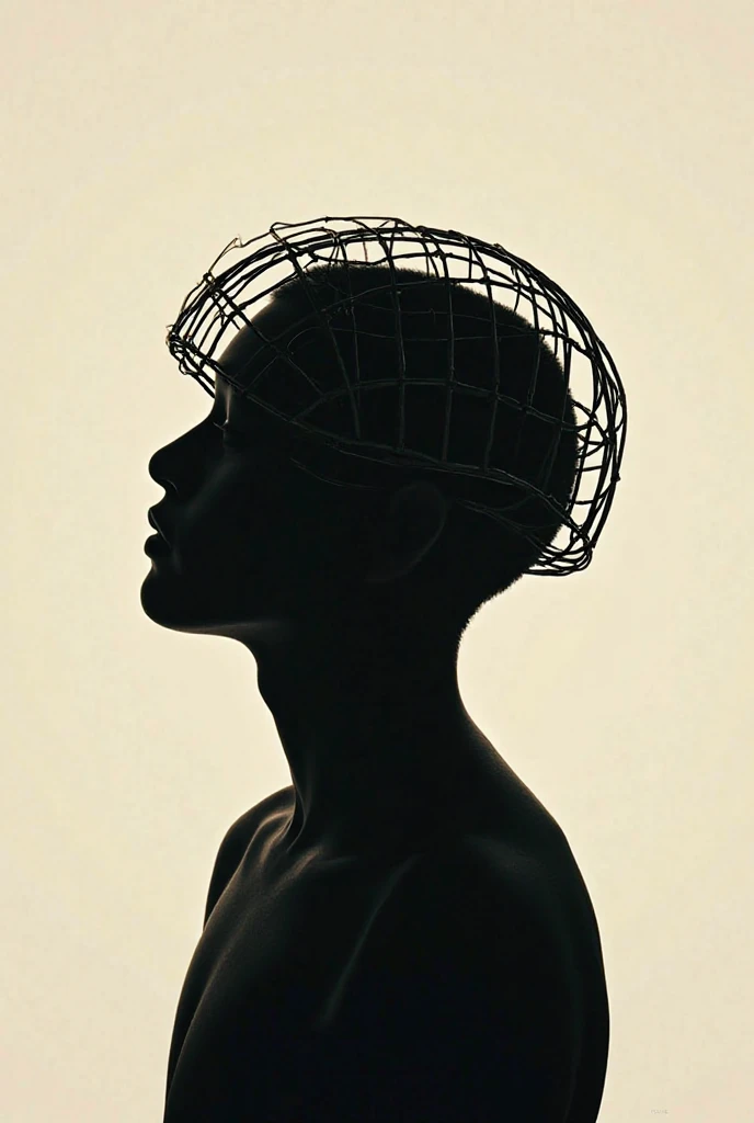 Create a silhouette of a person in profile by replacing their brain with a cage