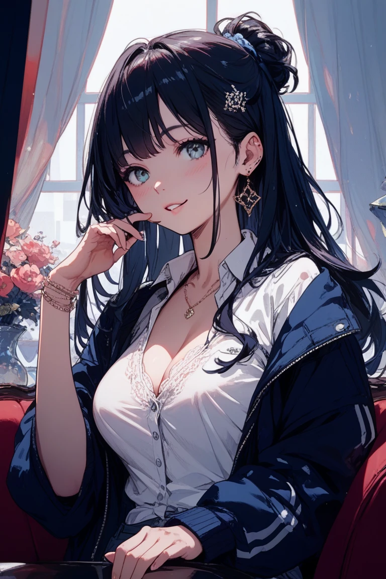 masterpiece, Best Quality, Very detailed, 1 girl beautiful face, Long black hair in a ponytail, Very detailed eyes, bright Eyes, evening, penis in the face, big penis, penis over one eye. 