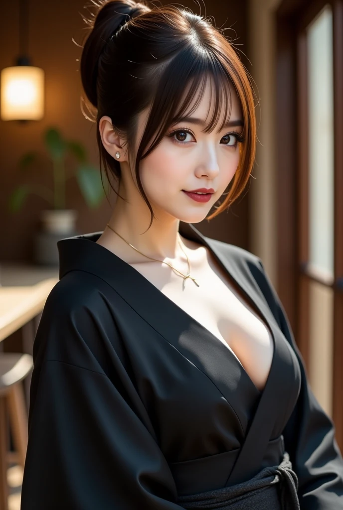 ((Highest quality, In 8K, masterpiece)), Sharp focus :1.2, Beautiful woman with perfect figure :1.4, Slim Abs :1.2, ((Dark brown hair, Big Breasts :1.4)), (Wearing a white button-up shirt, Jean :1.1), City Street:1.2, Highly detailed face and skin texture, Detailed eyes, double eyelid,a close up of a woman In kimono dress posing for a picture, Japanese Goddess, Japanese Model, huge ,Drawing cleavage,tits, In kimono, Japanese women,shoulders protruding,
