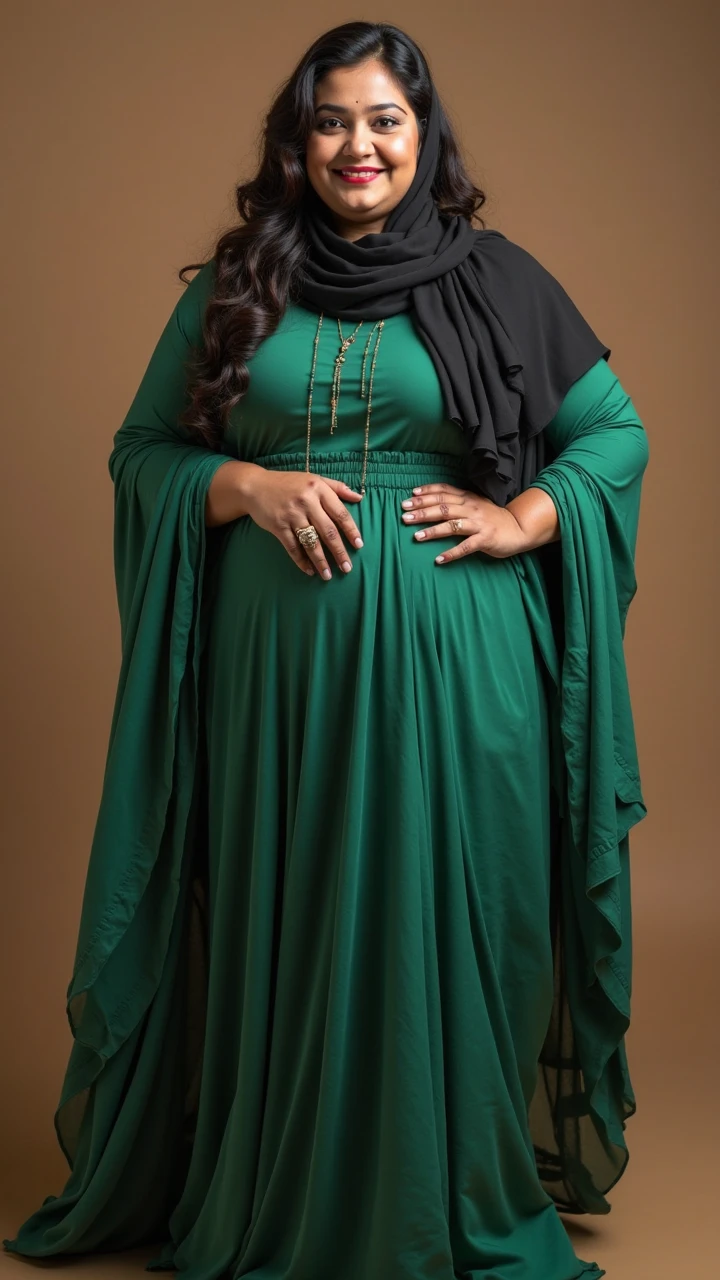 Full body, 24 year old Indian woman 6 feet height wearing a dark green kurta sharara only, draped dupatta over head, big boobs,big hips,curvy figure