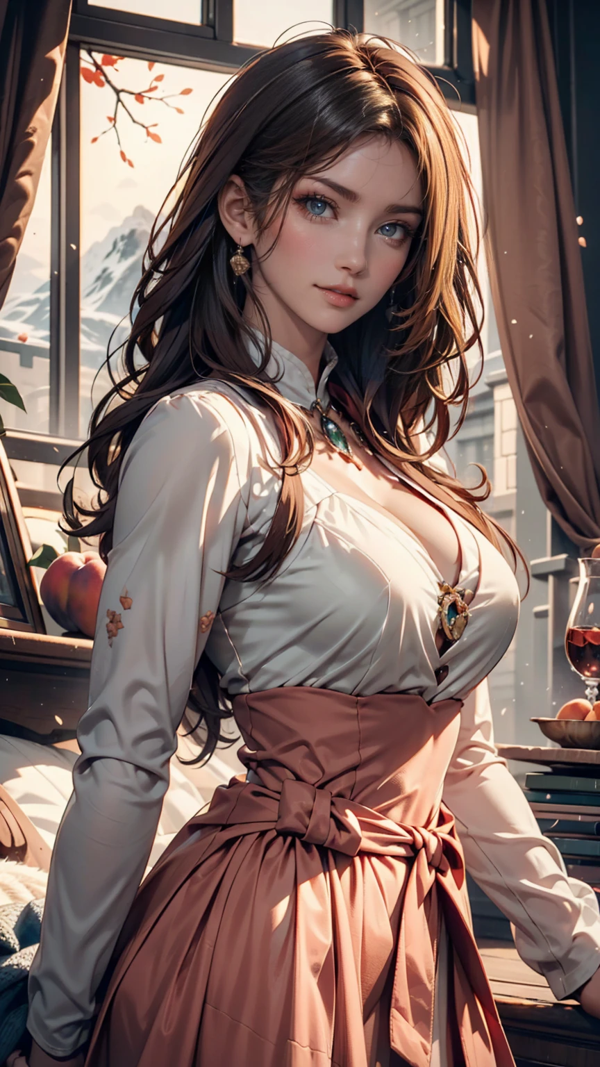 One girl, alone, Brown eyes, Brown Hair, Long Hair, A light smile, earrings, Frilled Skirt, Green Skirt, High Waist Skirt, Puff short sleeves, thin, thin, (Japanese:0.8)、Sexy proportions、Cleavage Emphasis、Nipple Emphasis、Off-the-shoulder tops