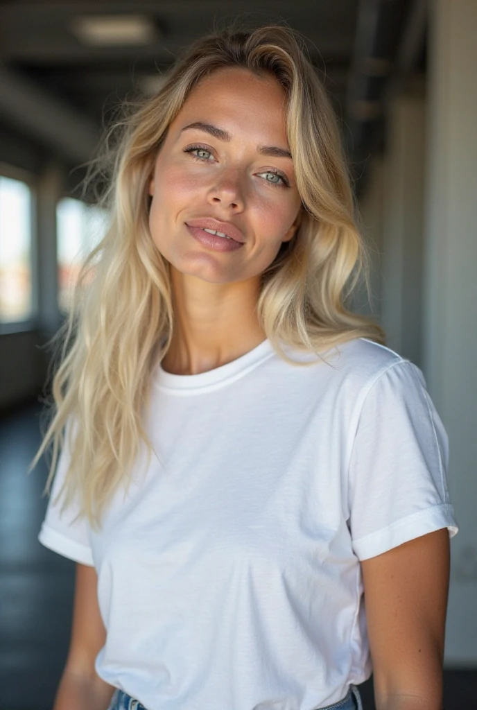 il y a une femme qui prend un selfie dans un miroir, photo en forme, dressed in&#39;un t-shirt blanc, 1, 2 female model, , photo de tenue, recadrage de la moitié du corps, Elle a environ 1 , porter un haut court sexy, her navel is exposed