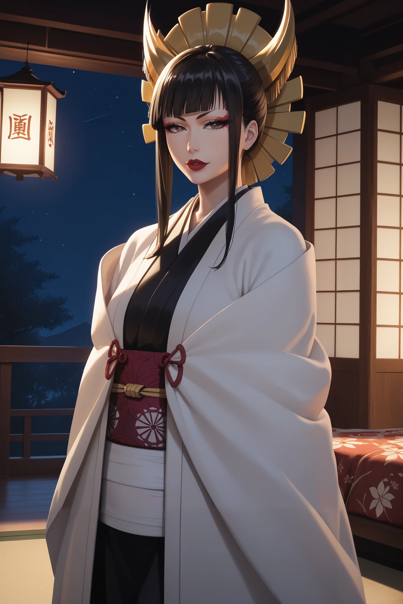 masterpiece, beautiful, ultra-detailed, detailed face, 4k, hd, perfect lighting, best quality, score_9, score_8_up, score_7_up, score_6_up, 2d art, perfect hands, perfect eyes, realistic, makeup
((cowboy shot)), third-quarter view,
senjumaru shutara, long hair, bangs, blunt bangs, black hair, sidelocks, black eyes, makeup, lipstick, red lipstick, panties
solo, 1woman, confident pose, 40yo, adult, mature woman
night, kyoto, inside house