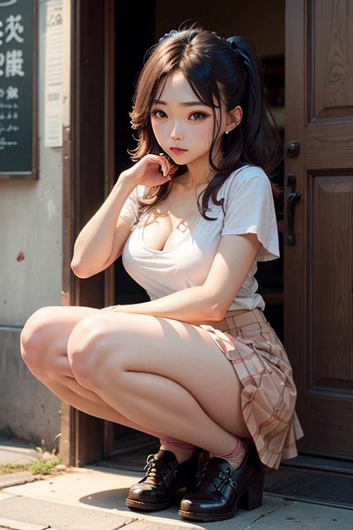 8K,Full body like,The is very detailed,Real Human,chineseidol,Masterpiece:1.2,exteriors,gigantic cleavage breasts,white tight t-shirt,white stockings,Sweaty,Soaked,High ponytail,face perfect,Headphones with cord,holding cell phone,Thick legs,Temptation of the,The facial features are particularly delicate,The eyes are delicate,the shy,Blushing,Barefoot