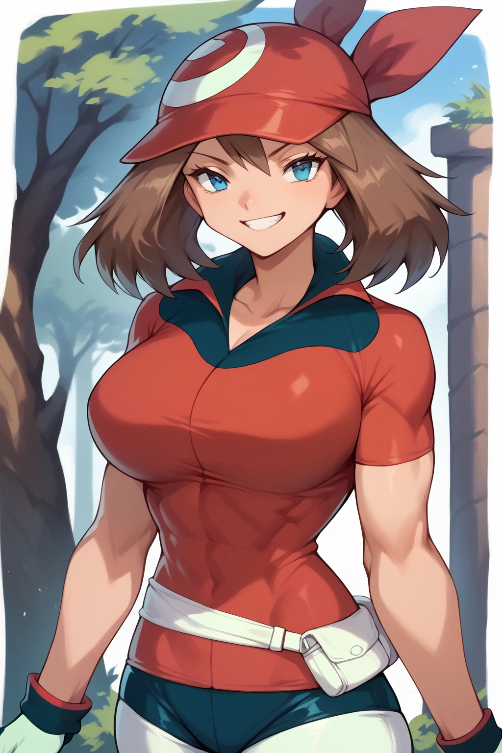score_9, score_8_up, score_7_up, score_6_up, BREAK May from pokemon, wearing bicycle outfit, big breasts, seductive smirk, hands holding own hips, sweating, in a forest