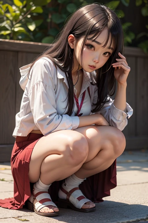 masterpiece, best quality, ultra-detailed, panchira, underwear, photo of 18 y.o girl, cute, ((kpop idol)), panties, sitting, pantyshot, skirt, school uniform, white panties, socks, black hair, shirt, blurry, blurry background, kneehighs, white shirt, loafers, realistic, long hair, lips, brown eyes, black socks, bowtie, pleated skirt, bow, head rest, looking to the side, outdoors, brown footwear, Front view, (NSFW:1.175)