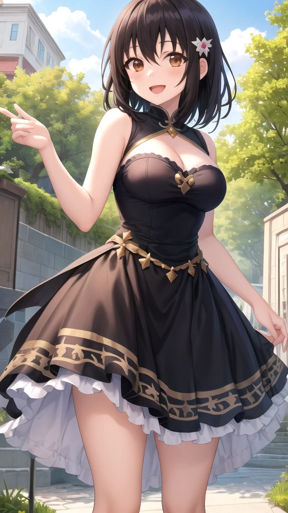 1girl, natural lighting, masterpiece, highly detailed, illustration, game CG, absurdres, high quality, aichan, large breasts, beautiful detailed eyes, medium hair, twintails, bangs, glossy lips, smirk, garden, standing, strapless corset, miniskirt, cleavage, jewelry, choker, bracelets, armband, looking back at viewer