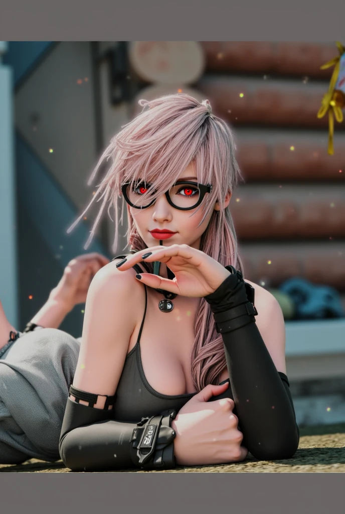 Pink hair, Blunt bangs, bangs, ponytailhair, Twin-tailed, short ponytail hair, side locks, heart ahoge, hairpin, Hair ribbon, hair pin, hair adornments, Hair bow, wears glasses, hair scrunchie, heart-shaped hair ornament, bow hair band, pink hairband, Heart-shaped pupils, mismatched pupils, One eye closed, Sparkling eyes, cheekpinching, cheekpinching, facing another, excited, nose blush, Naughty, Interior architecture, Anime, Minimalism, Anime style, Depth of field, Backlighting, Ray tracing, 16k, A high resolution, Best quality, High quality, High details, Super detail, 巨作