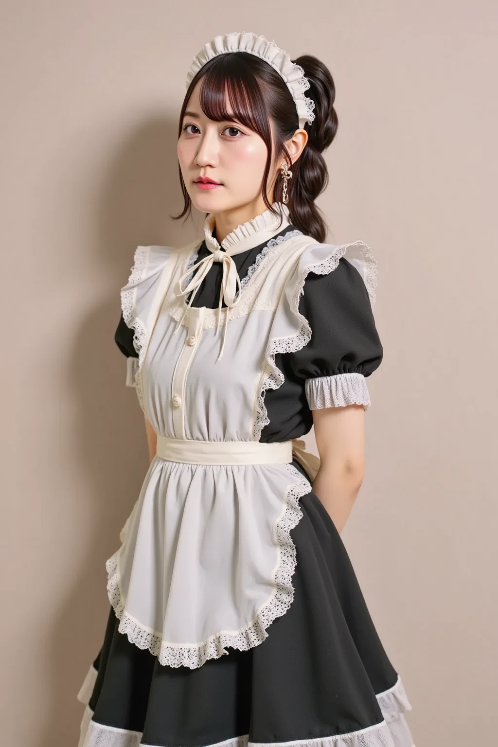 highest quality, masterpiece, Ultra-high resolution, Very detailed, Realistic, RAW shooting, Natural skin texture, (1 Japanese girl wearing a maid uniform:1.3), Adorable expression, 25 years old, Amazingly cute, Curly Hair, Black Hair, light makeup, large breasts, Cowboy Shot, thigh highs