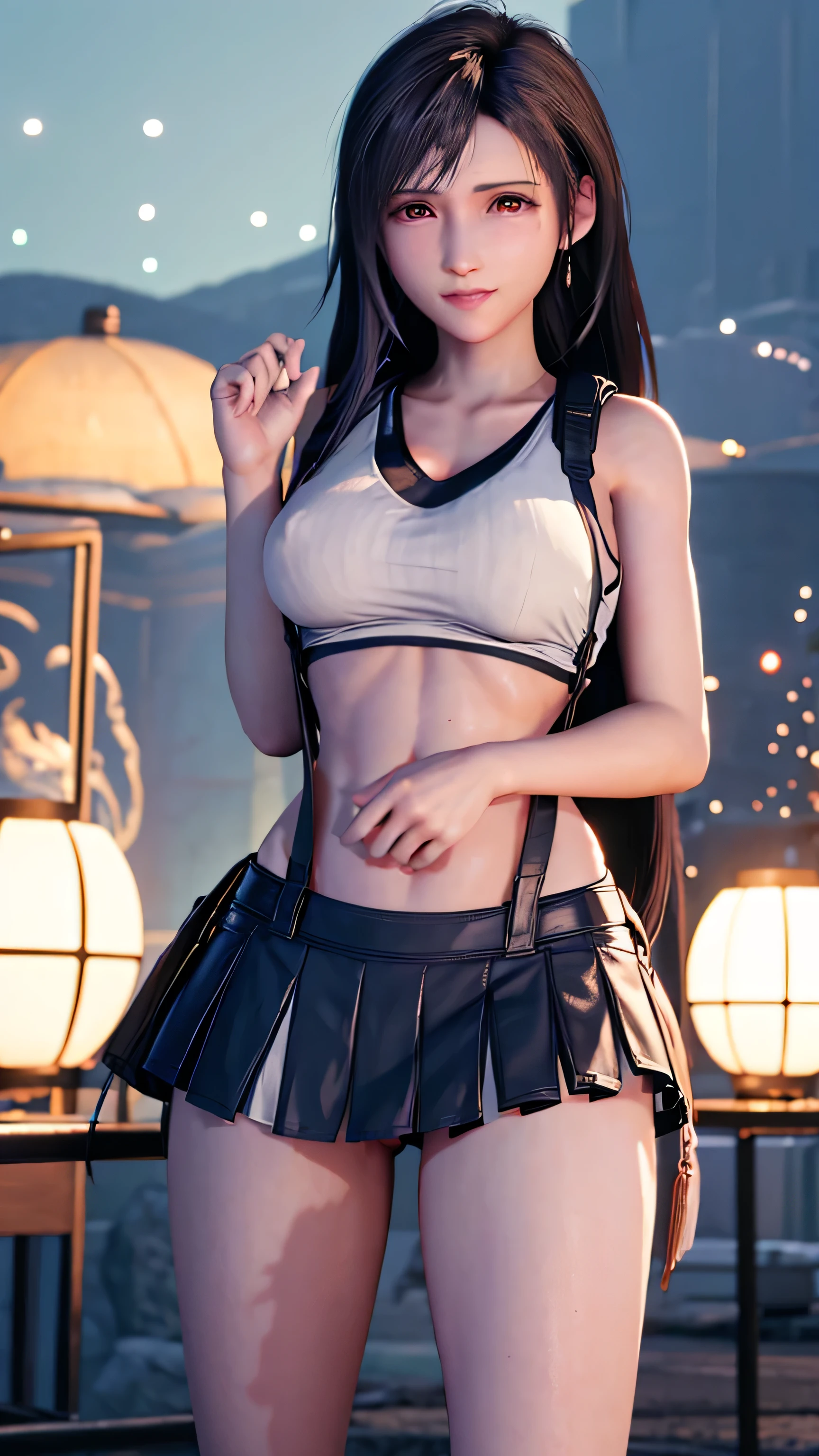 (blush, 25yo, narrow eyes) (Photorealistic: 1.5), Solo, Top Quality, 4K,8K,Very Delicate and Beautiful, High Definition, full hight definition,raw,1girl, FF7tifa,tifa_lockhart, fresh smile:1.3, closed right eye:1.3, underboobs,Supporting someone else,cheerleader, pom pom \(cheerleading\), pleated skirt, Focus on her, Depicted in biologically correct proportions, Precisely crafted down to the smallest detail, Elaborate hands and fingers, Elaborate face, Elaborate body, Elaborate legs,A blushing, embarrassed look on the cheeks,Black Hair, Long Hair,Shiny hair, wet skin,shiny skin,oily skin,elaborate eyes,Face Light, Movie Lighting, Navel, ( gigantic breasts: 0.7),background blurred, Erect nipples:1.2,fluttering hair, pov:1.3, Elaborate depiction,(no bra and panty)