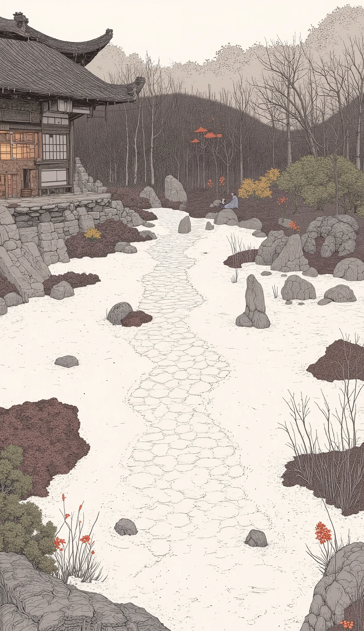 high angle、Front 、Zoom up of a Japanese woman sitting on a rock meditating 、 meditating , Zen Atmosphere,Japanese painting taste、Breathtaking composition, Japanese Garden、Patterns are drawn on white sand、Dry Landscape、Dry Landscape、Dry Landscape、masterpiece、high resolution、pale light shines in、