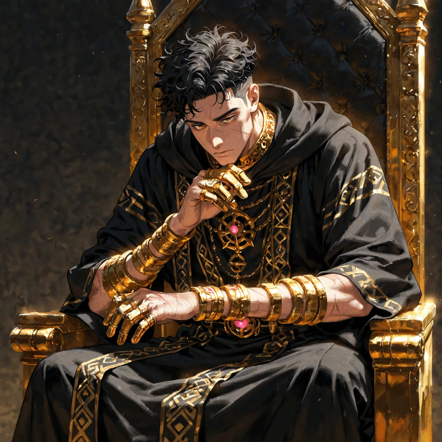 A king with messy hair with tattoos and a macabre smile and blood, crazy character sitting on his throne with thousands of gold scattered. climate of fear and terror. SUPER DETAILED