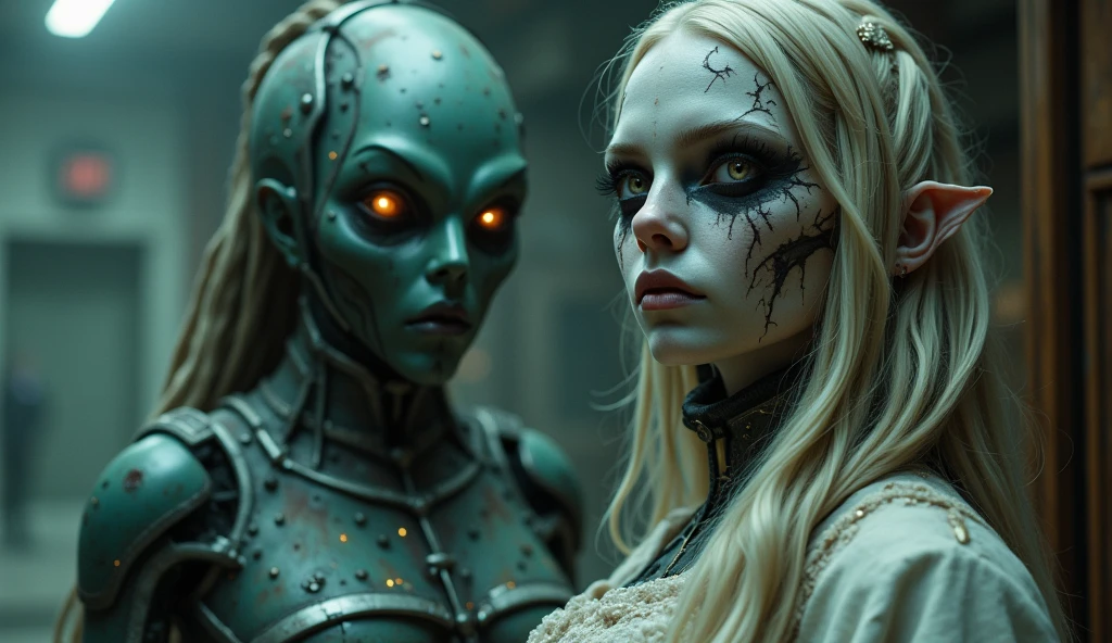 arafed woman holding a picture frame with a man in a costume, die antwoord ( yolandi visser ), still frame from prometheus, portrait of a patchwork boy, luis royo and greg rutkowski, skeleton king, joel-peter witkin, in screenshot from the 300 movie, by Václav Brožík --auto --s2