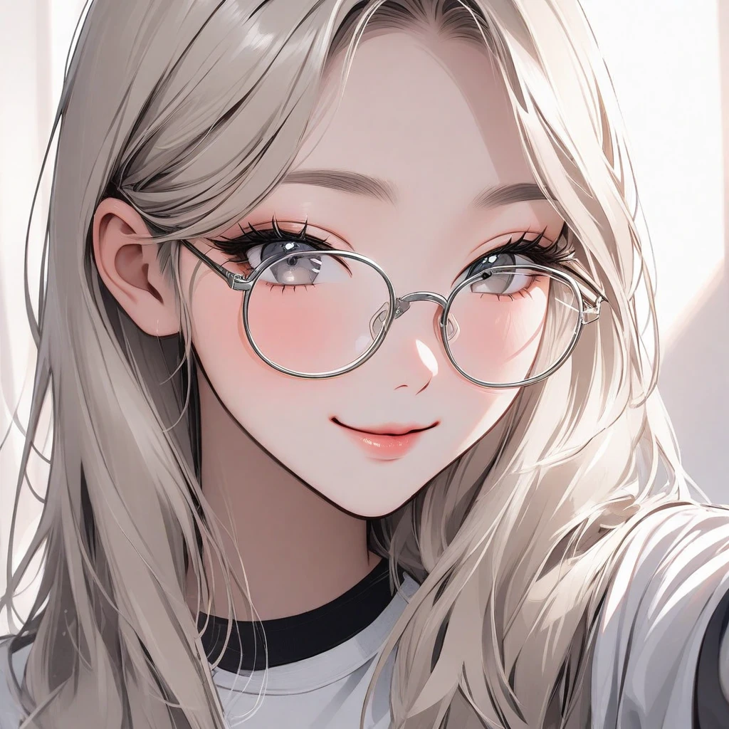 (Best Quality, 8k, 32k, Masterpiece, UHD:1.3), (Photo of Attractive Japanese Woman), ((1 Girl)), ((medium breast:1.3)), Abs, Perfect Body, Ultra Detailed Face, Detailed Lips, Fine Eyes, double eyelids, ((milf)) sexy girl, beautiful girl, jaw-dropping beauty, (silver long hair:1.2)), Office Lady, ((simple white t-shirt:1.6)), ((close up to face)), smiling beautifully, sunlight illuminated her beautiful face, grey blazer, early morning in dressing room, wearing eyeglasses, arms crossed, ((black blazer)), ((no bra))
