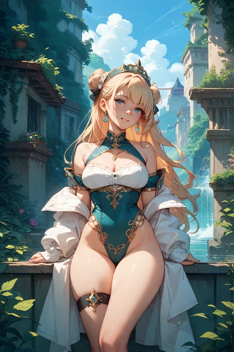 (absurdres, best high quality image, carefuly detailed features and textures, very detailed image, front view) {{(1character: Elf queen 1.000 years old mature golden haired adult milf, (beautiful face, sexy feminine and sexy features, beautiful light blue eyes, voluptuous body, big breasts, huge butt, beautiful legs, golden long hair, golden eyebrows, comedic funny blushing expression, smiling kindly), (white one-piece swimsuit), (dock of the lake, under the sun of the morning, smiling and enjoying the moment))}}