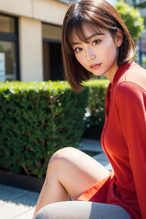 soft light, (((short hair:1.3), short bangs, Floating hair NovaFrogStyle)), ((The Ultimate Beautiful Japan Married Woman)), 50 generations, fine eyes, (Big eyes:1.3), detailed lips, very detailed目と顔, beautifully detailed nose, 美しくてfine eyes, long eyelashes, light shines on your face, (Separated lips:1.2), (beautiful white teeth:1.3), Adult-like appearance, ((big and full breasts)), realistic face, realistic body, beautiful detailed thighs, (Red blouse:1.3)、(Tight micro mini skirt in red:1.4)、thighs thighs、(cowboy shot:1.3), ((written boundary depth))、With background：((The city of Ginza, Tokyo))、(RAW photo, highest quality), (realistic, Photoreal:1.3), table top, very delicate and beautiful, very detailed, nffsw, unity , 2k wallpaper, wonderful, small details, light smile, Highly detailed ticker unity 8k wallpaper, huge file size, Super detailed, High resolution, absurd,