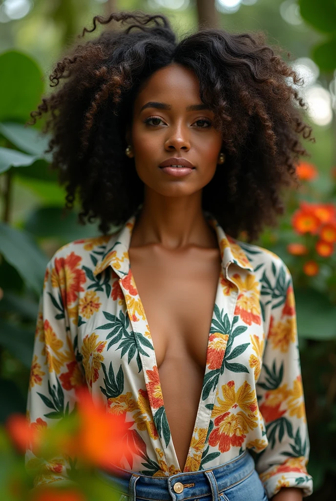 A Brazilian woman in a lush tropical garden, wearing an open shirt with a floral print, with a close-up capturing the harmonious beauty between her breasts and the natural flowers, showing off your natural charm and outgoing personality.